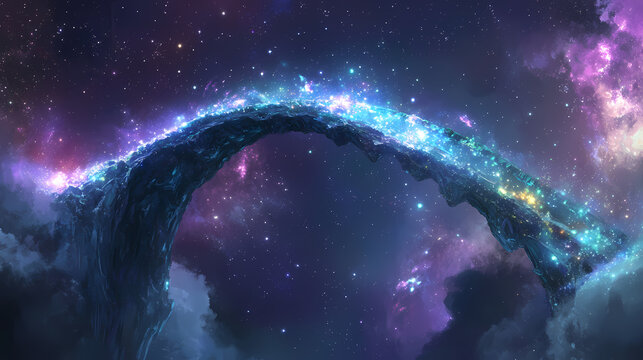 Celestial bridge of zodiac signs connecting two galaxies, symbolizing cosmic unity and connectivity. Cosmic Bridge. Illustration