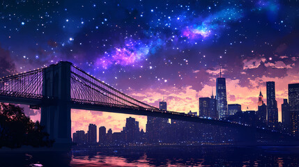Fototapeta premium City skyline with bridge under a starry sky. Cosmic Bridge. Illustration
