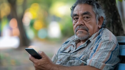 A tired senior Latino man sits on a park bench, smartphone in hand, his expression worn and weary, captured in a moment of quiet exhaustion.