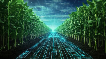 Futuristic digital pathway through lush green agricultural field at night.