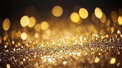 Golden glitter sparkles against a dark background, creating a dazzling and shimmering effect.