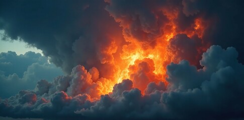 A dark cloud with tongues of fire emerging from it, flame burst, descending spirit, fiery mass