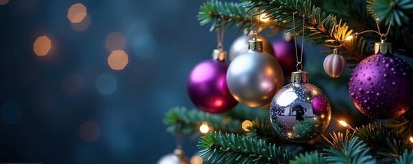 Decorated Christmas tree with purple and silver glass ornaments hanging from branches, branch, glass, Christmas