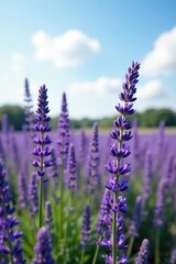 Fototapeta premium Lavender field with tall stalks of purple flowers swaying in breeze, purple flowers, meadow