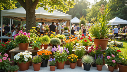 Vibrant flower stalls at community rummage sale in morning light, unity