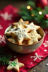 Fototapeta premium A bowl of festive star cookies on a holiday tablecloth, star cookies, tablecloths