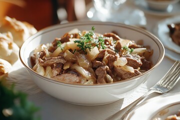 Hearty bowl of meat and vegetables in warm light, embodying a comforting, rustic, and home-cooked dining experience.
