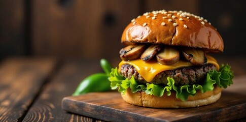 A burger with melted cheese and mushrooms on a wooden table, wood, cozy, inviting