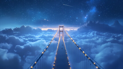 Fototapeta premium Illuminated suspension bridge extending to a starry night sky above clouds. Cosmic Bridge. Illustration