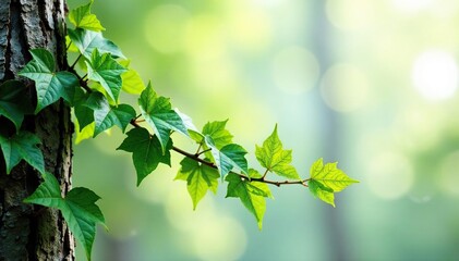 Ivy entwining a pine branch, green leaves against gray bark, nature, , woodland