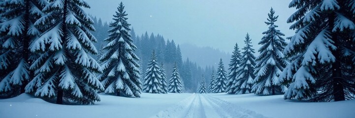 Fototapeta premium Dark forest of fir trees under heavy snowstorm, pine trees, snowfall, evergreen trees