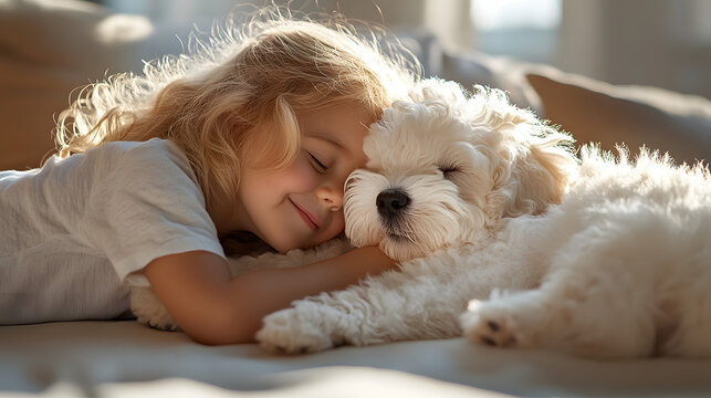 Adorable Blonde Girl Hugging a Fluffy White Maltese Dog