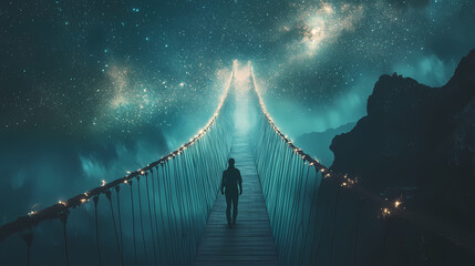 Fototapeta premium Silhouetted figure on illuminated suspension bridge under starry night sky. Cosmic Bridge. Illustration