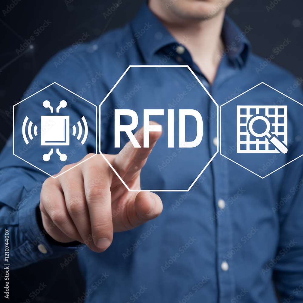 Poster RFID Technology: Hand Pointing at Secure Data Identification System Integration Icon. Modern Wireless Communication, Radio Frequency Identification   
