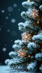 Snowflakes gently fall on a shimmering silver-encrusted Christmas tree, snowflake, snowfall
