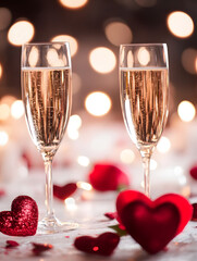 Romantic Champagne Flutes with Red Heart Decorations in a Dreamy Setting : Generative AI