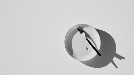 Minimalist table setting, fork, plate, shadow, sunlight, white background, food blog
