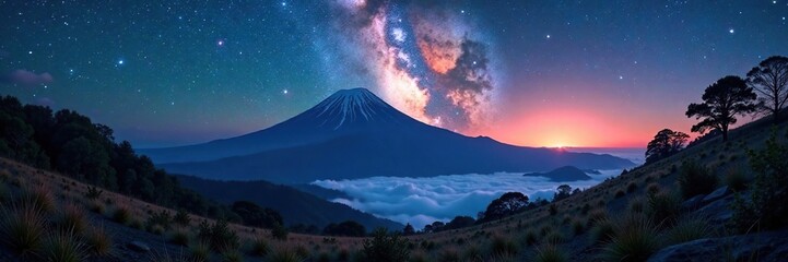 Starry night scene over Bromo Mountain with forest and trees, stars, bromo volcano, galaxy
