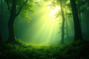 Obraz premium Sunbeams dance through the misty veil of a dense rainforest, dew, mist, greenery