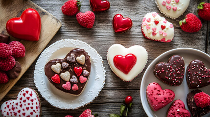 Heart Shaped Raspberries and Chocolate Desserts for a Romantic Valentines Presentation : Generative AI
