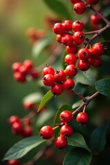 Closeup of fiery red berries on a bushy Heavenly Bamboo plant, fiery red berries, fire power plant, heathery foliage