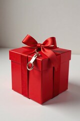 Obraz premium A present in a red box with a shiny label and chord attached, present, holiday