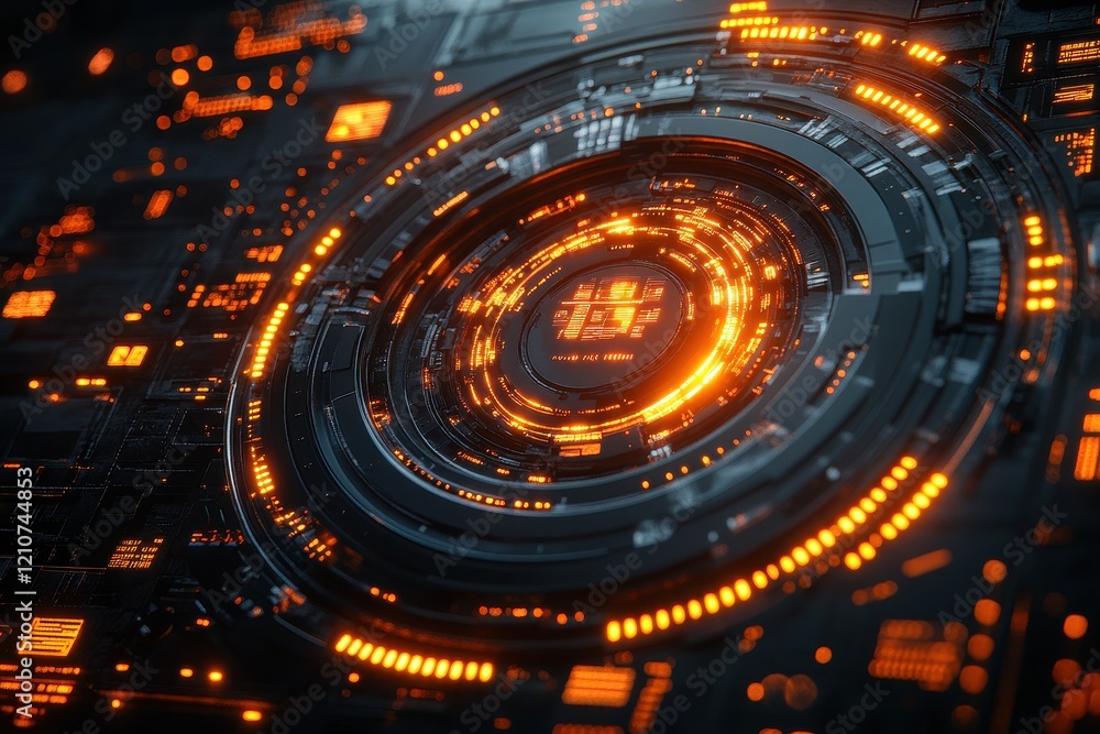 Poster abstract digital design featuring glowing orange circuitry and patterns.