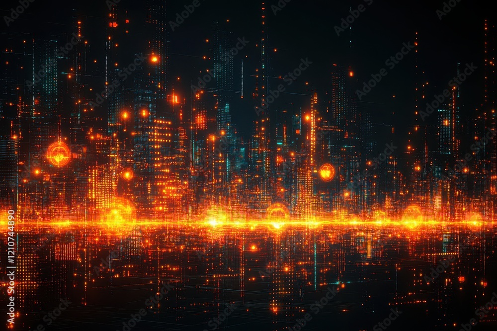Poster abstract digital cityscape with glowing lines and particles.