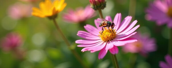 Tachinid fly landing on Symphyotrichum aster blossom, aster, symphyotrichum, wildflowers