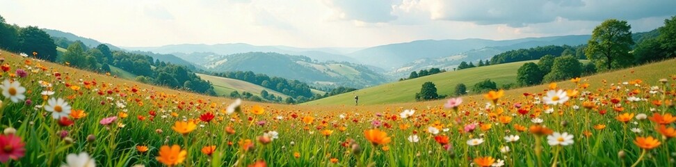 Fototapeta premium Ephemeral veil wraps rolling hills and wildflowers, landscape, serene, countryside