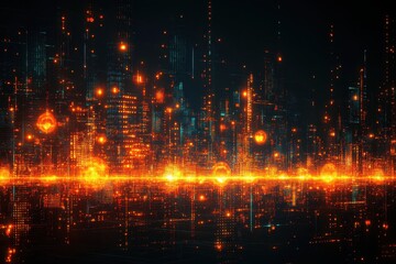 Abstract digital cityscape with glowing lines and particles.