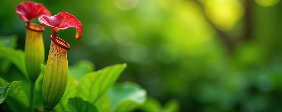 Exotic pitcher plant blooms in a lush green garden background, flora, greenery