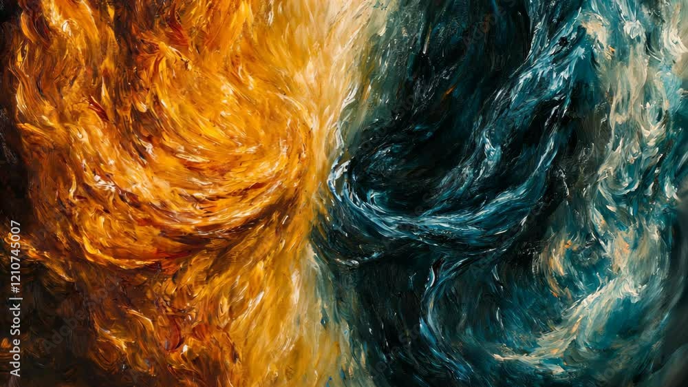 Poster dynamic interplay of warm and cool colors in an abstract swirling design highlighting contrasts of n