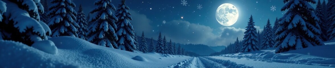 The silvery light of the full moon illuminates a winter wonderland with snowflakes gently falling, illuminated, sparkling
