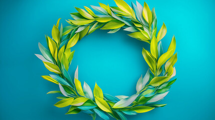 Obraz premium Green leaves arranged in a circle on a blue background.