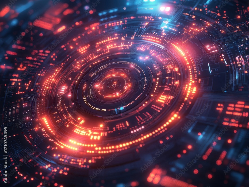 Poster abstract digital design featuring glowing circular patterns and data elements.