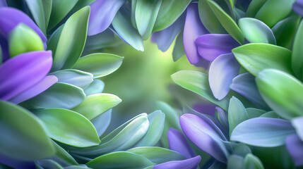 Soft purple and green petals create a vibrant floral frame.
