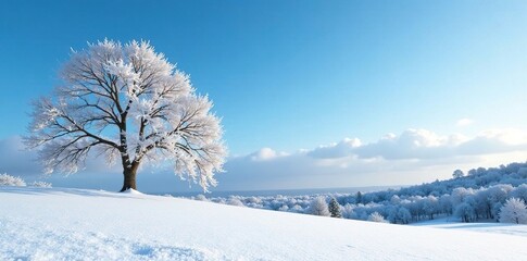 Obraz premium Snowy landscape with bare trees against blue sky, winter, landscape photography, sky