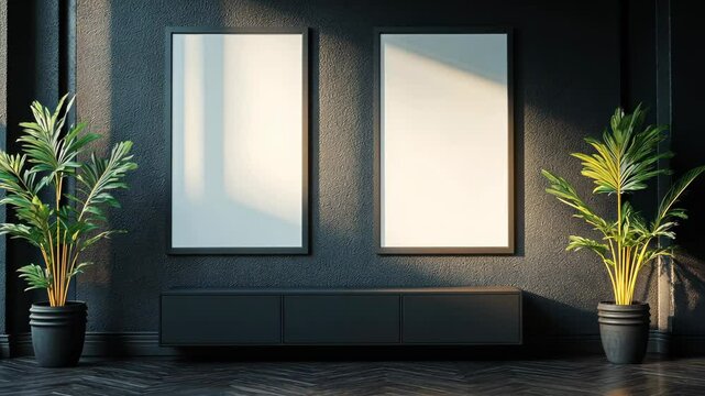 Contemporary interior with empty frames and greenery in a modern setting during daylight