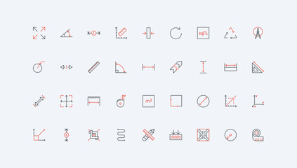 Size and distance, length and width, depth measure, scaling arrows, measurement guide line icon set. Pointers and tape, ruler with scales thin black and red outline symbols vector illustration