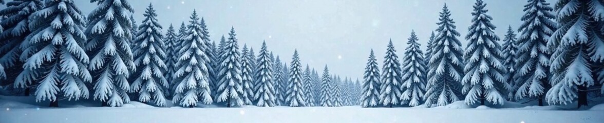 Naklejka premium Dense forest of towering pine trees under blanket of snow, forest, trees, cold