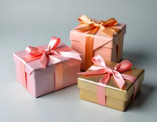 Fototapeta premium Three beautifully wrapped gifts in pink and gold, tied with delicate ribbons, sit on a light gray background. Perfect for celebration or gifting.