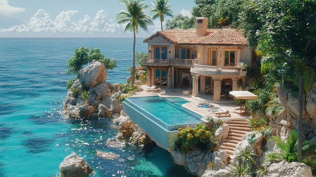 Oceanfront villa with infinity pool, lush landscaping, and palm trees. - Powered by Adobe