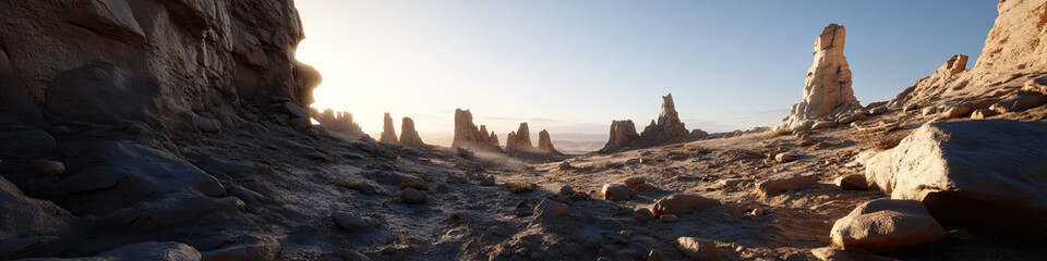 Fototapeta premium Panoramic View of Desert Rock Formations at Sunrise