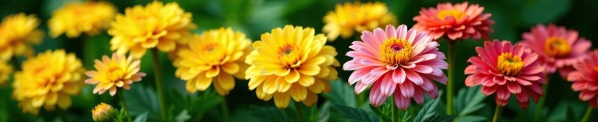 Colorful mum flowers with green leaves and yellow petals blooming in the garden, chrysanthemum, garden, green