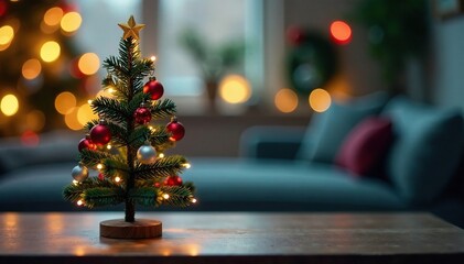 A small Christmas tree on a table with colorful ornaments and lights, miniature, table
