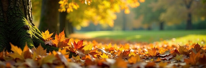 Autumn leaves scattered around an oak branch on the ground, greenery, autumn, trees