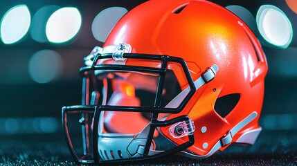 Fototapeta premium A vibrant orange football helmet sits on a field, illuminated by soft lights, showcasing its sleek design and modern features.
