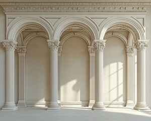 Fototapeta premium Elegant classical interior with three arched columns and sunlight.