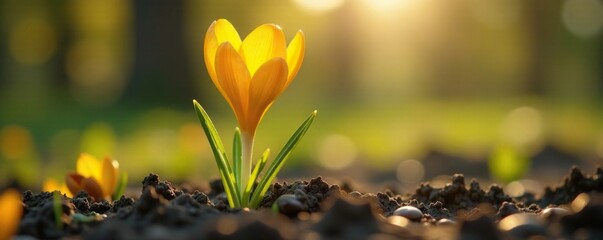 A single yellow crocus poking out of the ground, sunny, nature